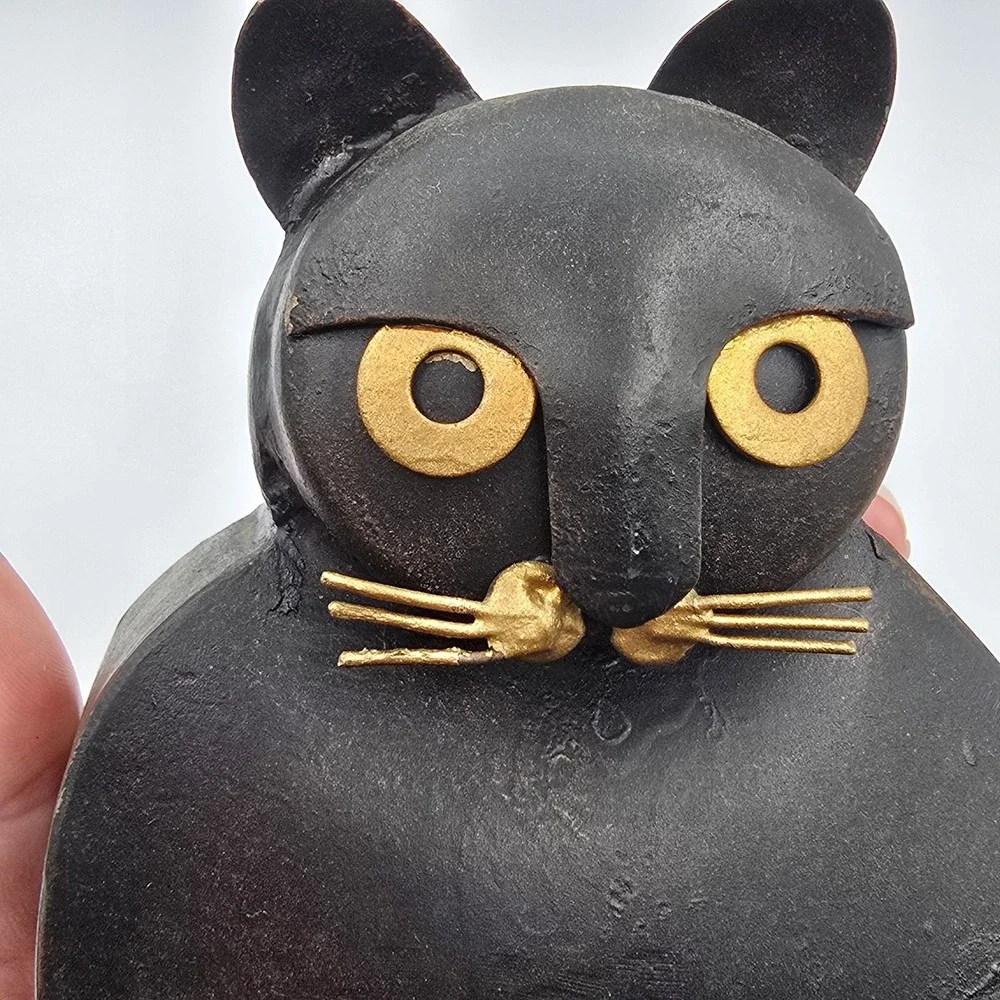 VTG Metal Iron Folk Art Cat Candlestick Holder Black Gold Cottagecore Halloween